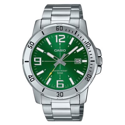 Reloj analógico estándar de acero inoxidable con esfera verde y cuarzo MTP-VD01D-3BV para hombre