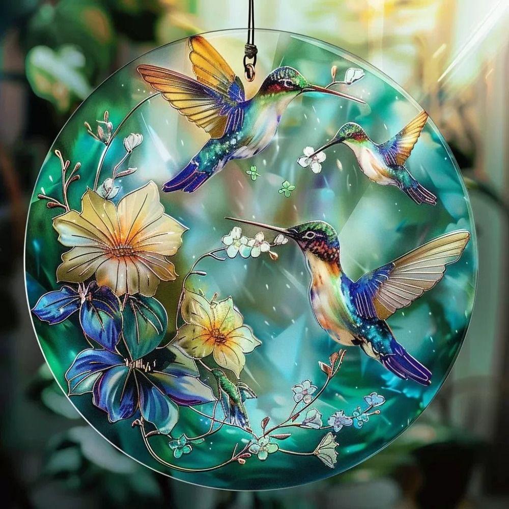 Portable Acrylic Hummingbird Hanging Suncatcher Round Flat Rainbow Light Catcher Colorful Window Pendant Ornament Window