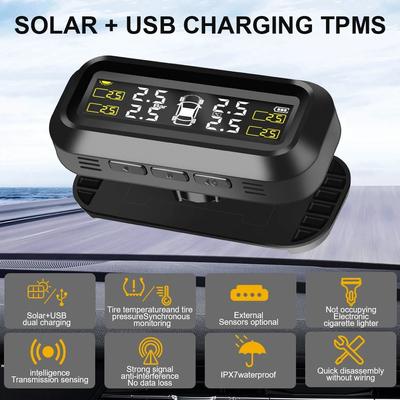 Car Tyre Pressure Monitor Solar Tire Pressure Monitoring System Temperature Warning With 4 External Sensors Car Fuel Save Tools