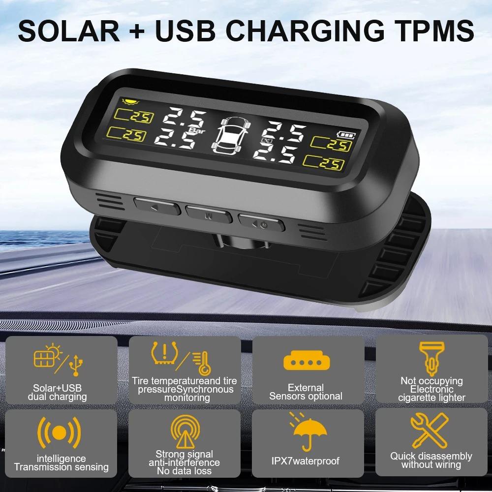 Car Tyre Pressure Monitor Solar Tire Pressure Monitoring System Temperature Warning With 4 External Sensors Car Fuel Save Tools