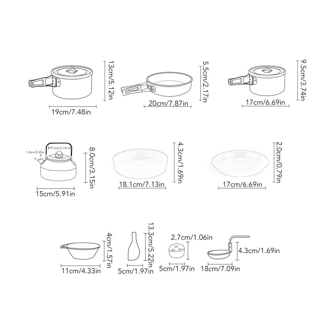 Camping Cookware Kit Aluminum Alloy Pot Teapot Fry Pan Saucer Plate Bowl Soup Spoon for Outdoor Traveling