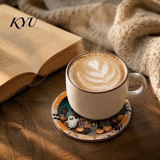 Stain Resistant Table Pads for Kitchen Halloween Wooden Coasters, Decorative Placemats Dining Table, Heat Mats Reusable Room with Pumpkin Ghost