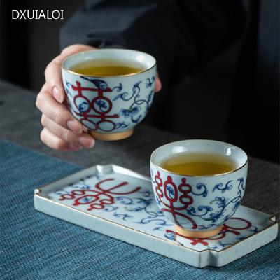 Blue and White Happy Cups Ceramic Cups Wedding Gifts Kungfu Tea Set Handmade Teacup Tea Set Accessories 75ml Teacup and Tea Tray
