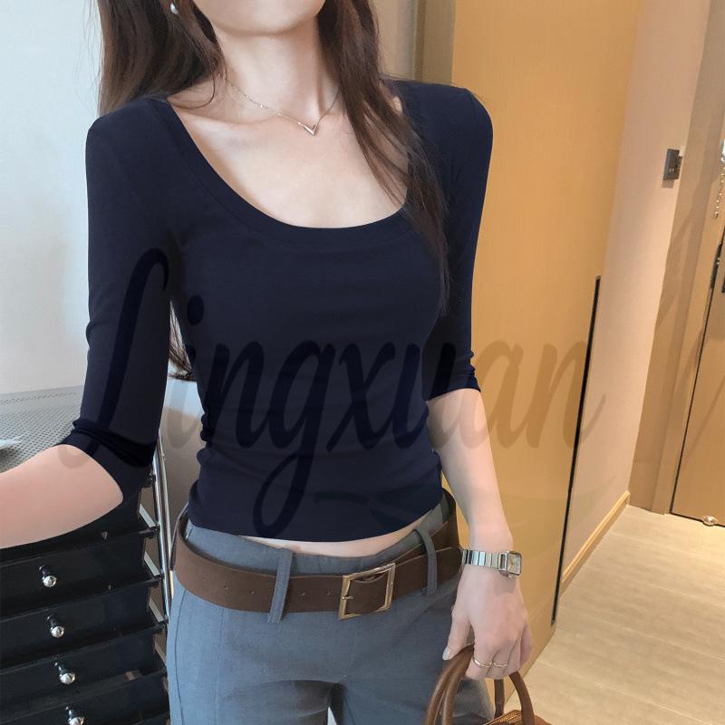 Women s Slim-Fit Lyocell Tencel U-Neck Mid-Sleeve T-Shirt - Summer 2026 Large