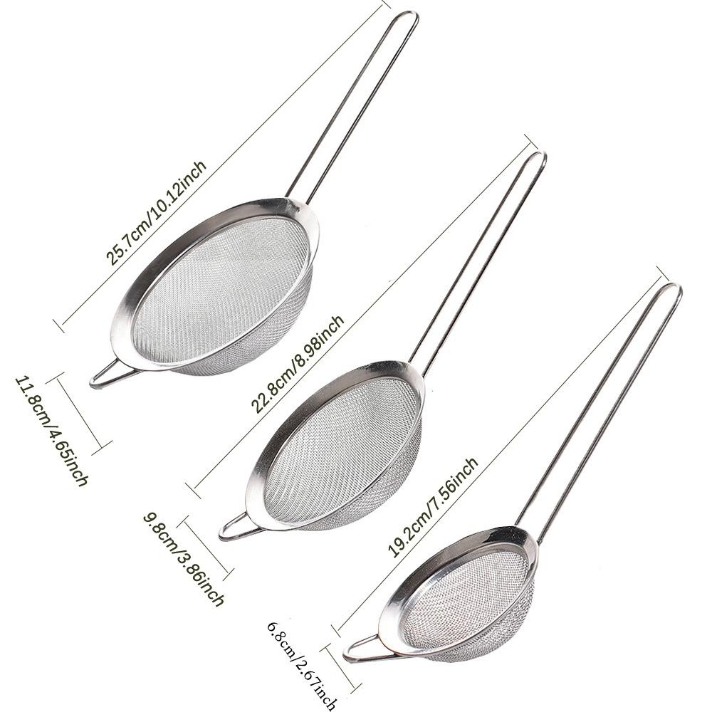 3pcs/Set Stainless Steel Flour Sifter with Handle Sieve Metal Strainer for Kitchen Rice Juice Quinoa Food Flour Baking
