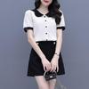Women's Summer Color Block Doll Collar Two-Piece Set: Short Sleeve Top & Shorts