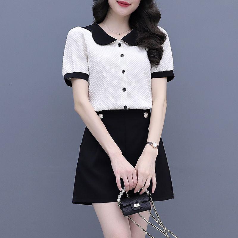 Women's Summer Color Block Doll Collar Two-Piece Set: Short Sleeve Top & Shorts