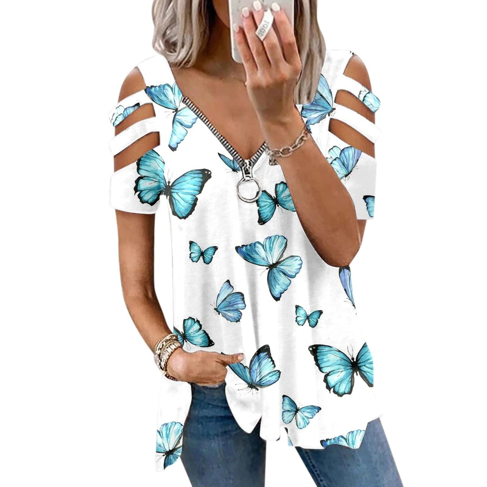 

Women s Fashion Casual Print Loose Zipper Short Sleeve T-Shirt Tops Blouse XXXL білий