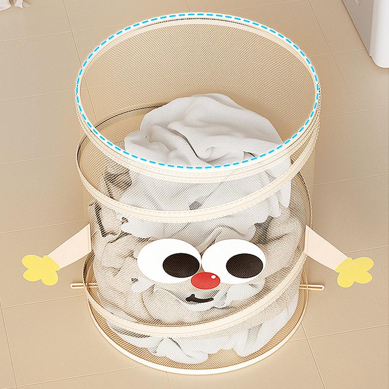 

Mesh Frame Folding Laundry Storage Basket Round Large Capacity Dirty Clothes Basket Cartoon Shape Organizer Basket