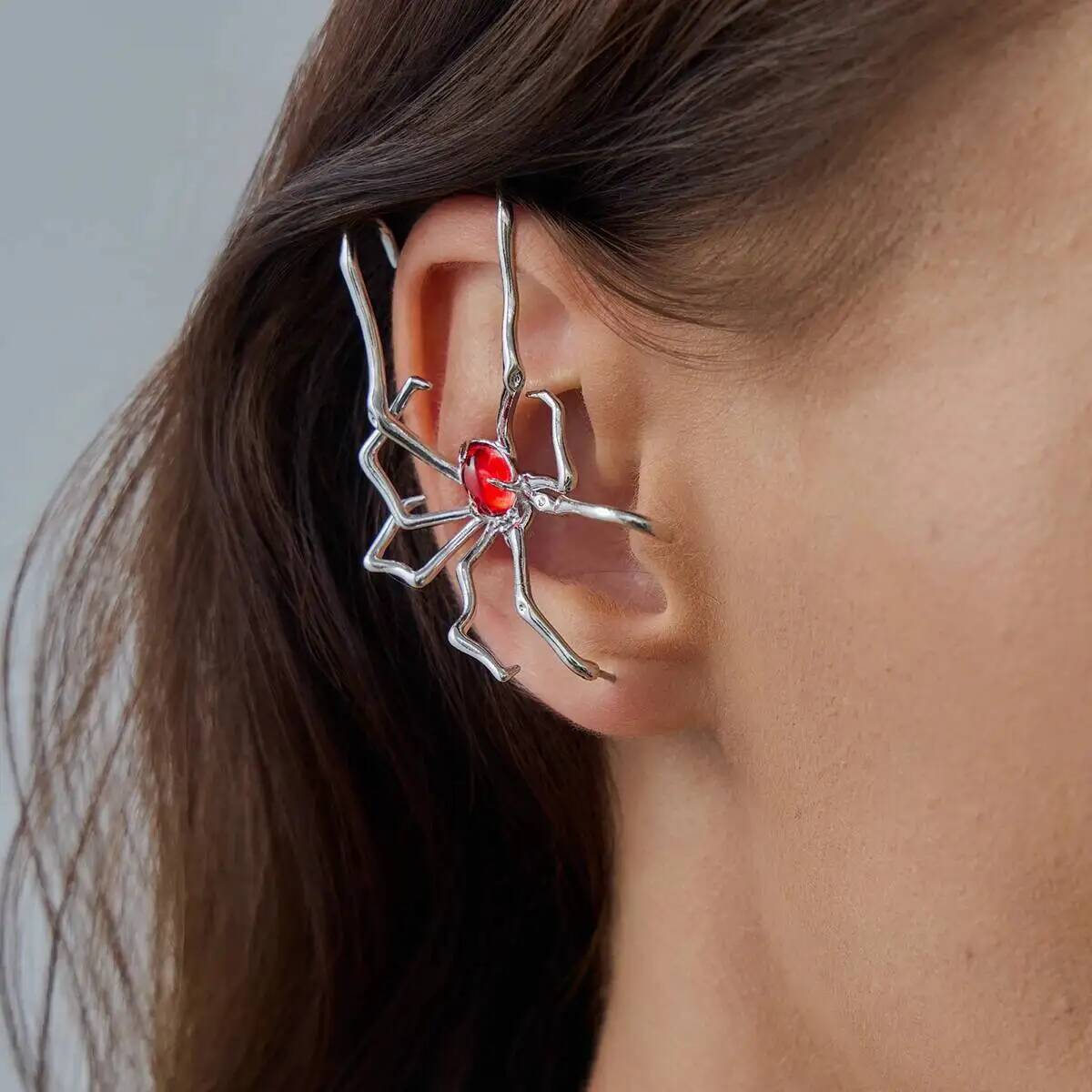 IngeSight.Z 1Pcs Goth Metal Spider Red Zircon Ear Cuff Stud Earring Women HipHop Exaggerated Ear Clip Halloween Y2K Jewelry Gift