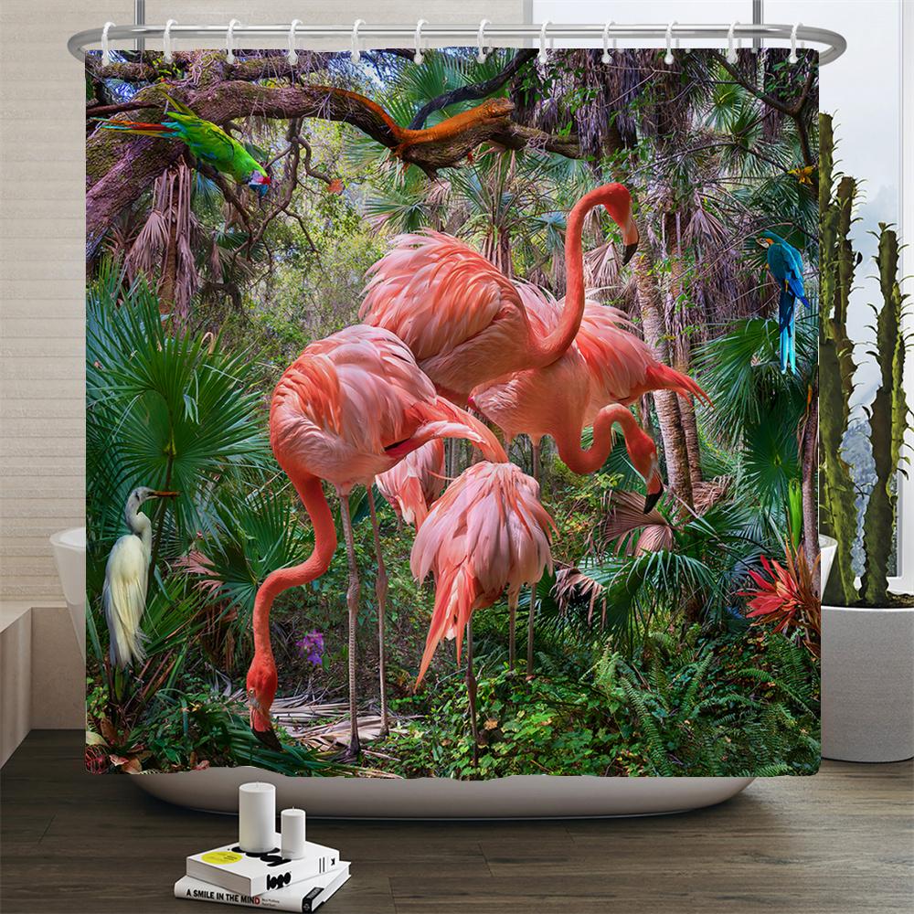 

Шторки для душа Фламинго Зеленый лист Ванная комната Водонепроницаемая полиэстеровая ткань Принт Декорация Шторка для ванны W90xH180cm