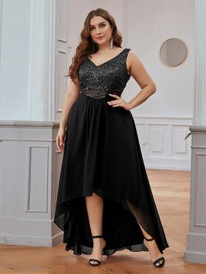 Ever-Pretty Vestido feminino de lantejoulas e chiffon com decote em V, sem mangas, cintura império, plus size, vestidos de noite