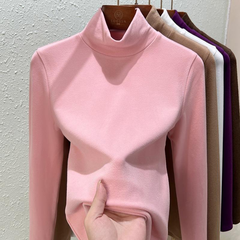 

High-necked German velvet bottoming shirt for women s autumn and winter, new long-sleeved black stacked collar thermal top XXXL розовый