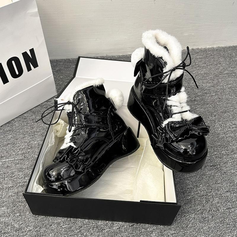 Sweet hairball bow snow boots 2025 new thick-soled plush warm cute winter cotton boots