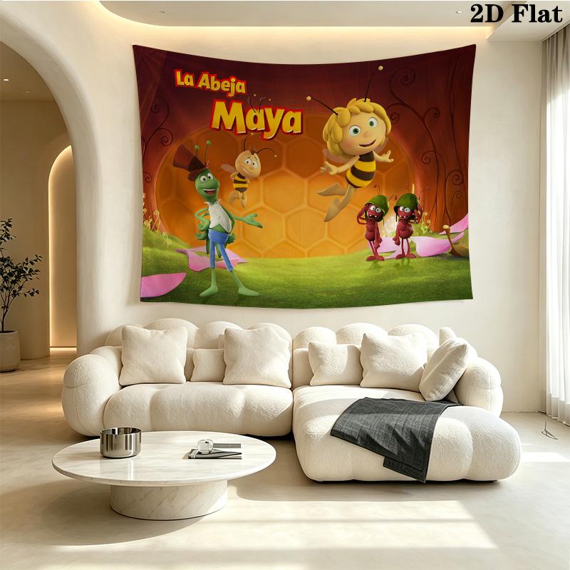 Maya the Bee Tapestry, Cartoon La Abeja Maya & Friends Honeycomb Print Wall Hanging for Kids Bedroom Home Decor