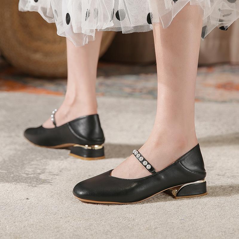 Mary Jane Shoes Women's 2025 Summer Single Shoes French Gentle Flat Sole Medium High Heel Thin Small Leather Shoes Gentle Wind