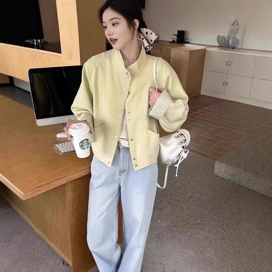 

Women s 2025 Spring Korean Fashion Striped Patchwork Jacket with Stand Collar L синій