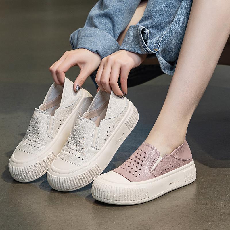Two-way White Shoes for Women Summer Genuine Leather Breathable Thick-soled Casual Hollow Hole Shoes