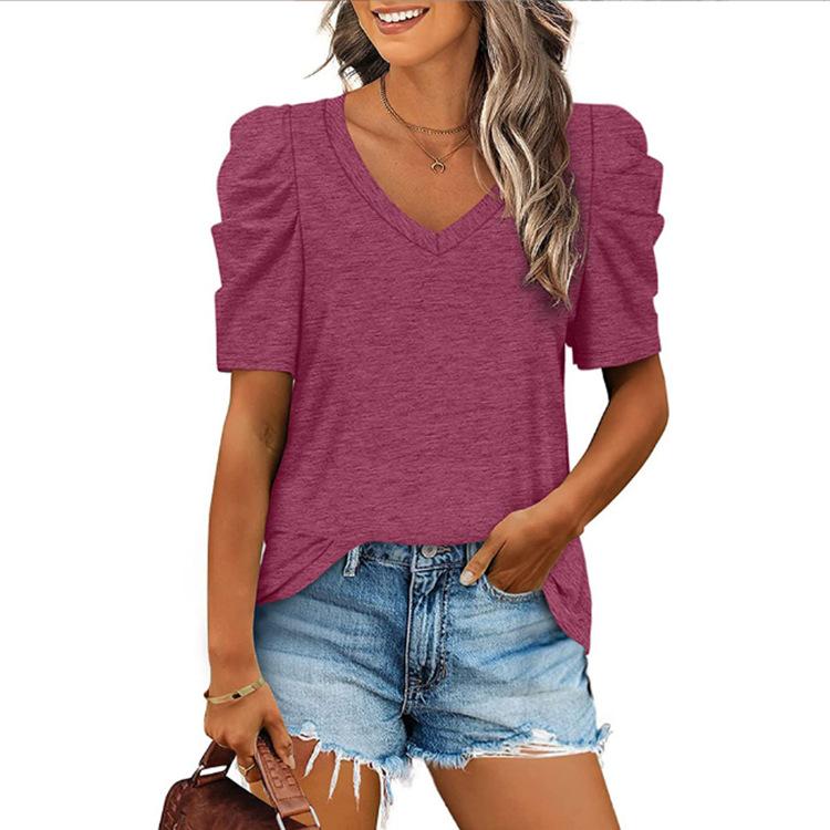 Women's  Fashion Summer Sexy Casual Loose T-Shirt Tops V-Neck Short Sleeve Tops Solid Color  Tops