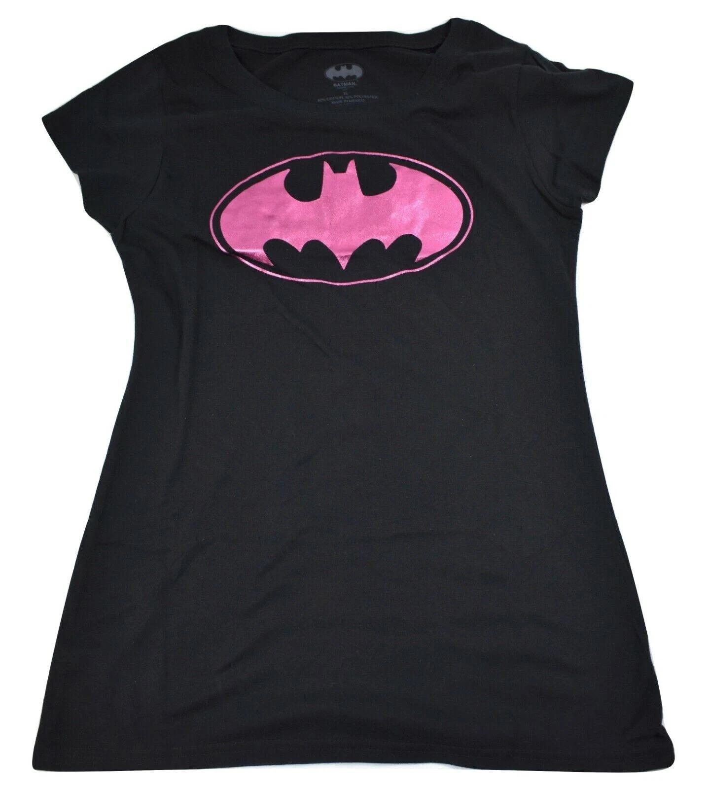 Batman Juniors Batgirl Magneta Foil Logo Emblem Black Shirt New XL, 2XL 4XL