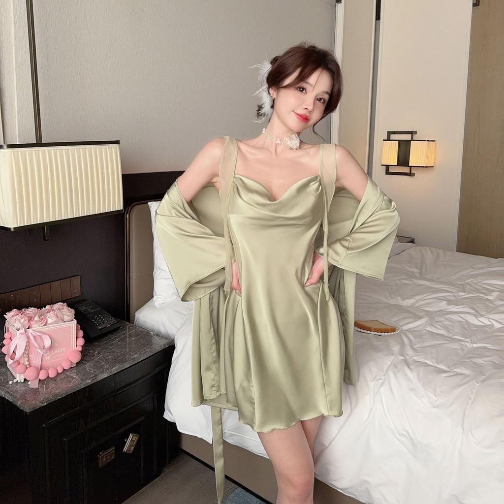 Sexy pajamas women Ice Ribbon chest pad Ruth with the same new mesh suspender nightgown nightgown outside