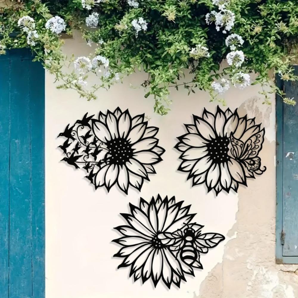 Modern Black Wrought Iron Sunflower Wall Art, Hummingbird Butterfly Bee Metal Sculpture for Living Room Bedroom Bathroom Office Decor