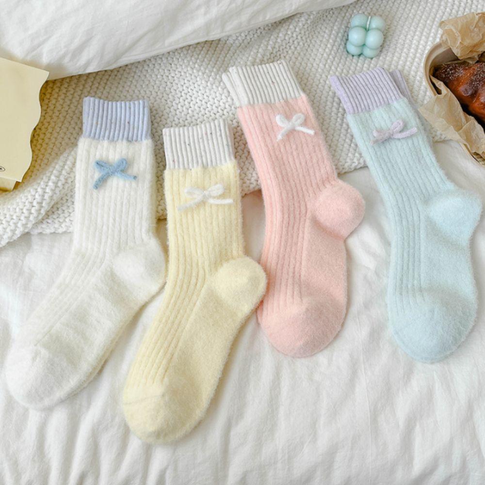 Soft Plush Sleep Socks Bowknot Warm Home Socks Simple Middle Tube Socks  Indoor Use