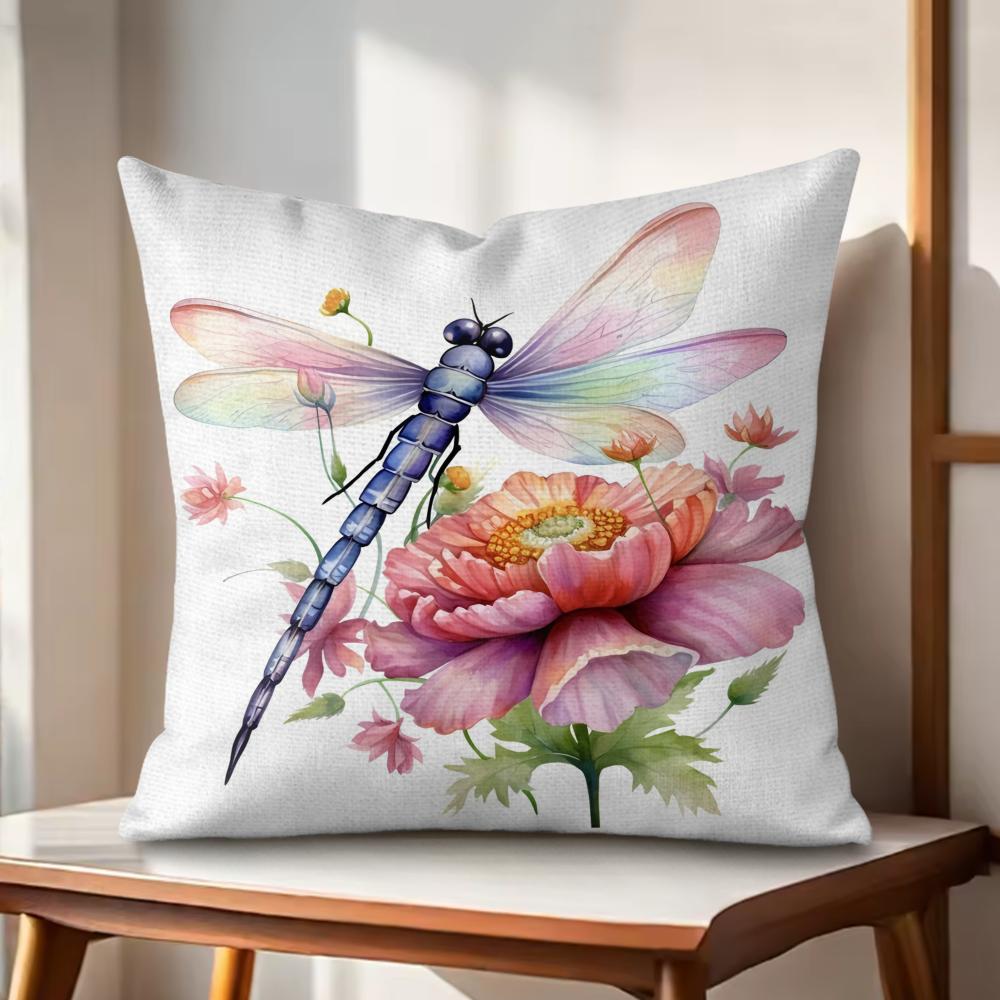 

Watercolor Dragonflyflower Cushion Cover Natural Linen Organic Fabric DoubleSided Printing Couch Pillow Covers Home Decor 30x30cm