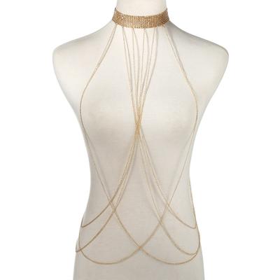 Goldfarbene Körperkette für Damen Strass Taille Schmuck Bikini Luxus Geschirr Körperkette Strand Sommer Outfit