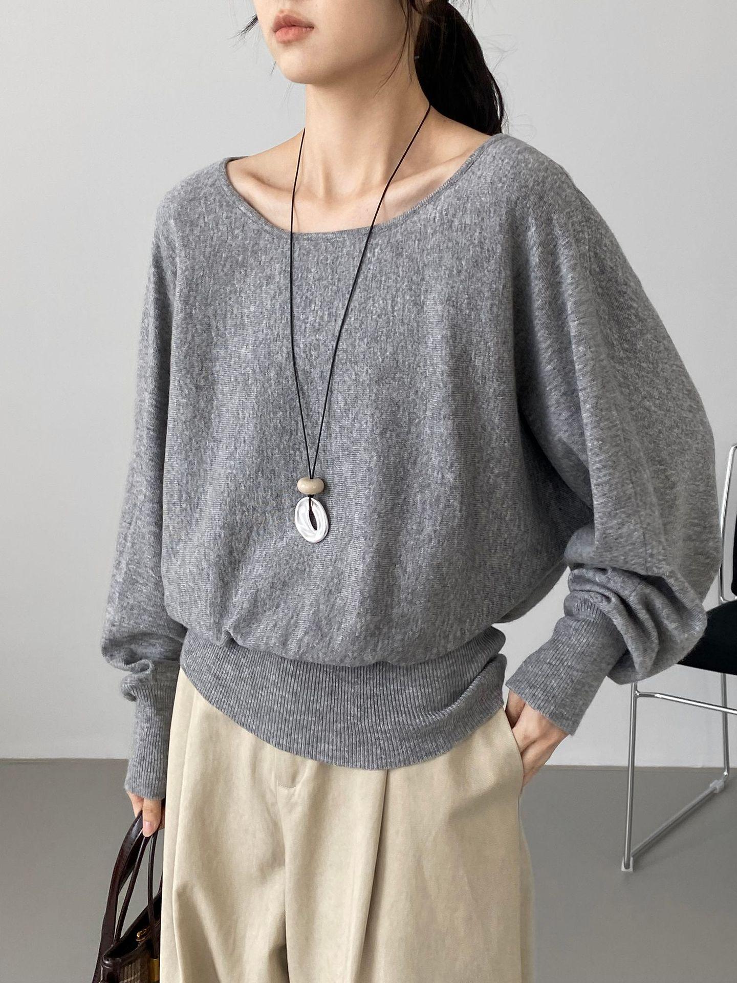 

Женский пуловер осенней вязки свободного кроя - 6% шерсть, круглый вырез, простой и свободный (G0113) One Size светло-серый