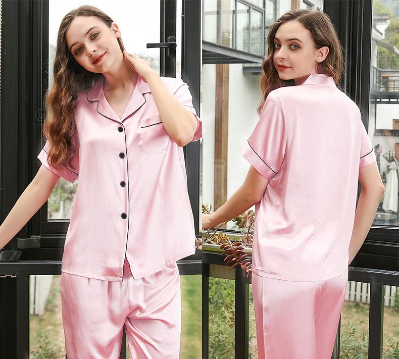 Girls' Imitation Silk Pajama Set - Short Sleeve Top & Long Pants, Lapel Design, Spring/Summer Homewear