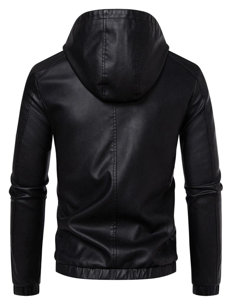 Men's Hooded PU Leather Motorcycle Jacket - Youth Casual Outdoor Faux Leather Jacket