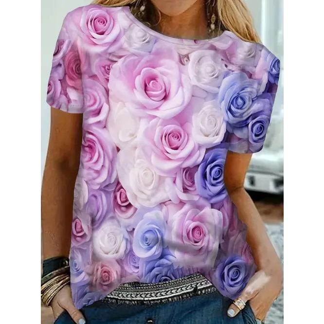 Sommer Rundhals 3D-Druck Blumenmuster Top Modische Lässige Kurzarm Damen T-Shirts