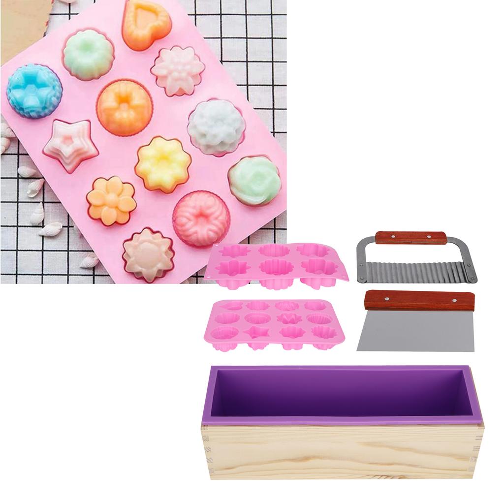 DIY Silicone Hand Made Soap Mold Set Wood Box Wavy Straight Cutter Molds Heat Shrinkage Film