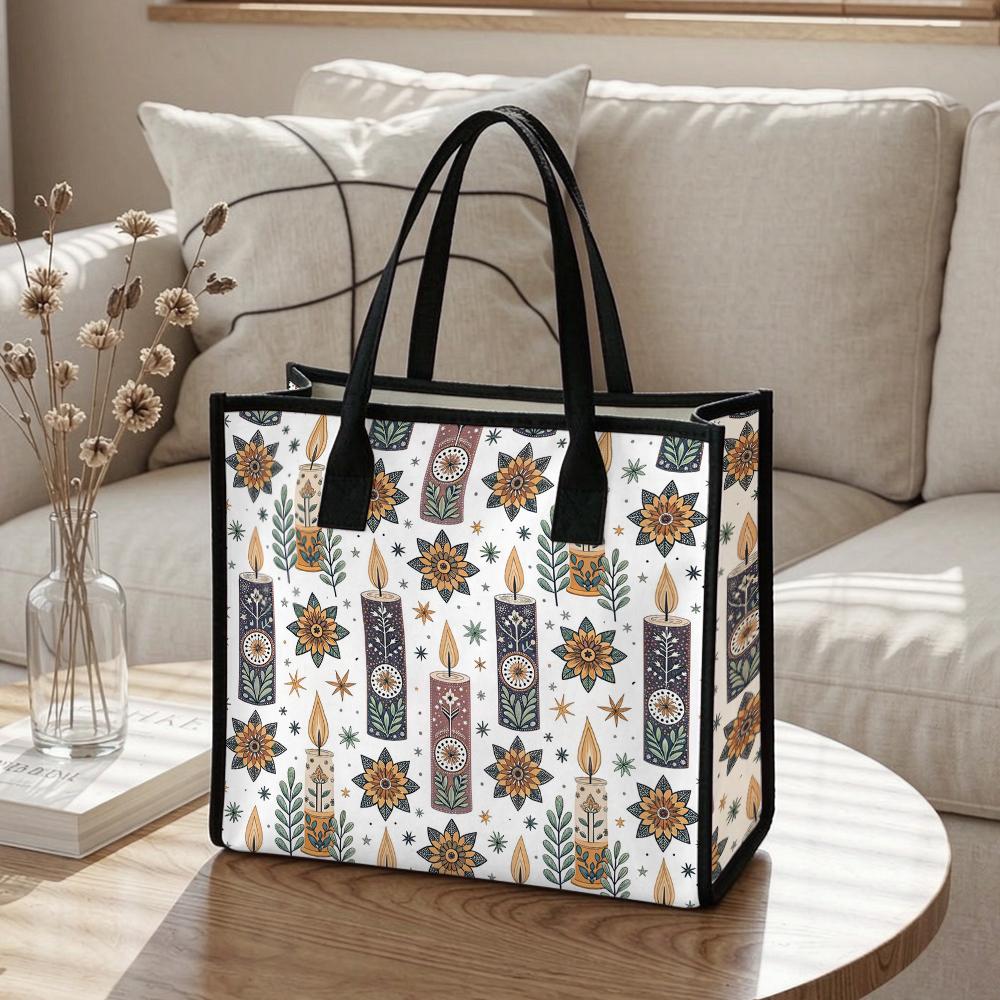 Bohemian Candle Pattern Tote Bag Casual Canvas Daily Shoulder Handbag for Women