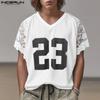 INCERUN Men Lace Short Sleeve Hollow Patchwork Print Loose T-shirts Tee