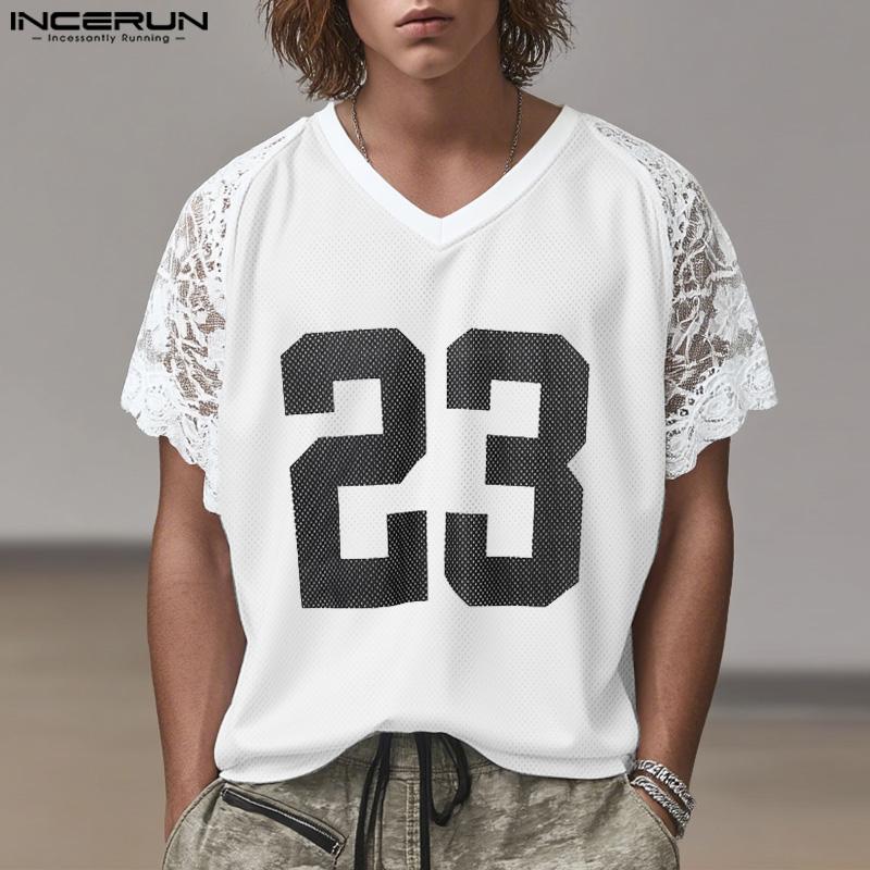 INCERUN Men Lace Short Sleeve Hollow Patchwork Print Loose T-shirts Tee