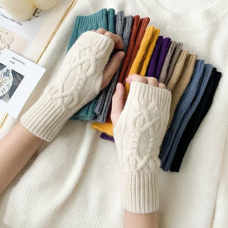 Autumn Winter Knitted Fried Dough Twists Warm Gloves for Women Solid Color Soft Skin Thickened Half Finger Gloves Wrist Washable