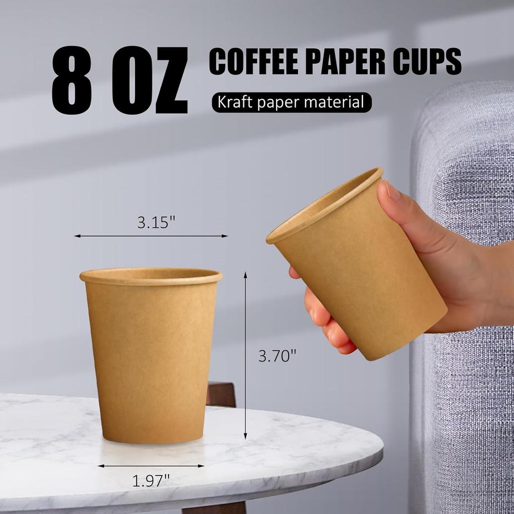 8 Oz Kraft Paper Cups Disposable Paper Coffee Cups Hot/Cold Drinking Cup for Water Coffee Juice Unbleached Cups for Party Picnic