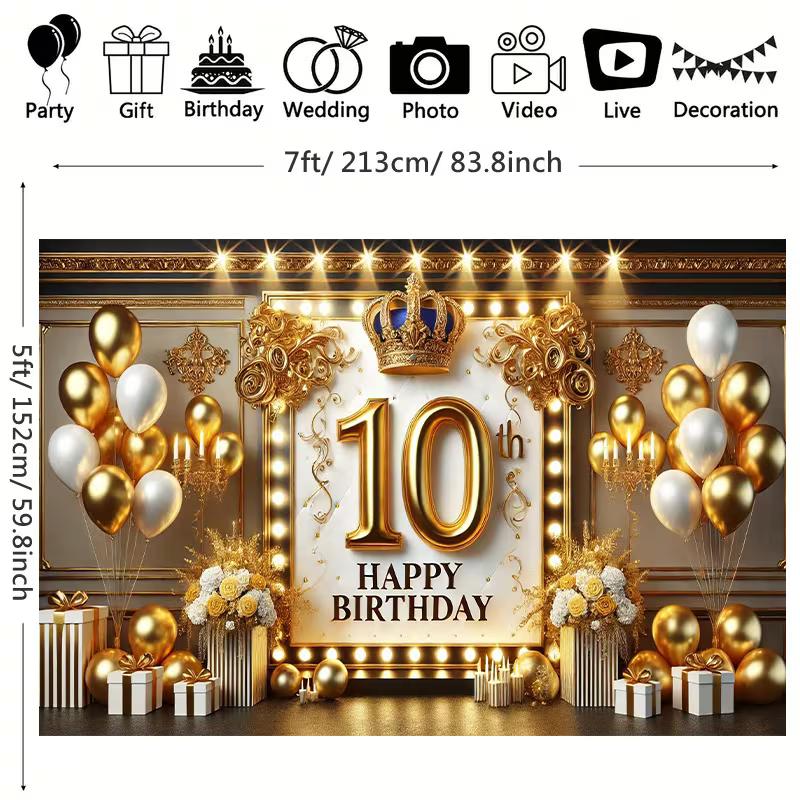 2D Schwarz Gold 10. Geburtstag Kulisse mit Kronenlichtern und Ballons Fotoautomaten Banner