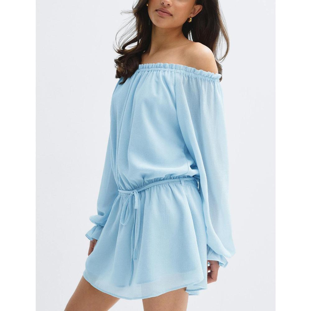 Women s Off Shoulder Long Lantern Sleeve Drawstring Waist Solid Loose Casual Mini Dress S небесно-голубой