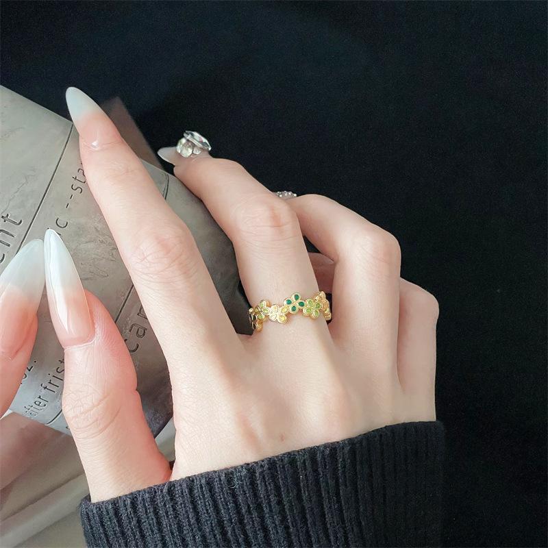 Retro Gold Enamel Open Ring Pattern Niche Design Inlaid Fashion Elegant Exquisite High Sense Ring Women
