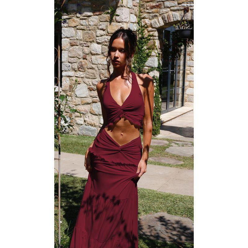Fashion Style Sexy Sexy Fashion Suit Women's V Neck Halter Spaghetti Straps Vest High Waist Stitching Long Skirt Two-piece Set