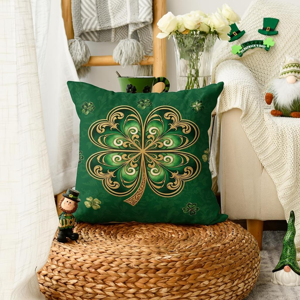 St. Patrick's Day Gold Decorative Clover Throw Pillowcase | Vintage style clover cushion cover