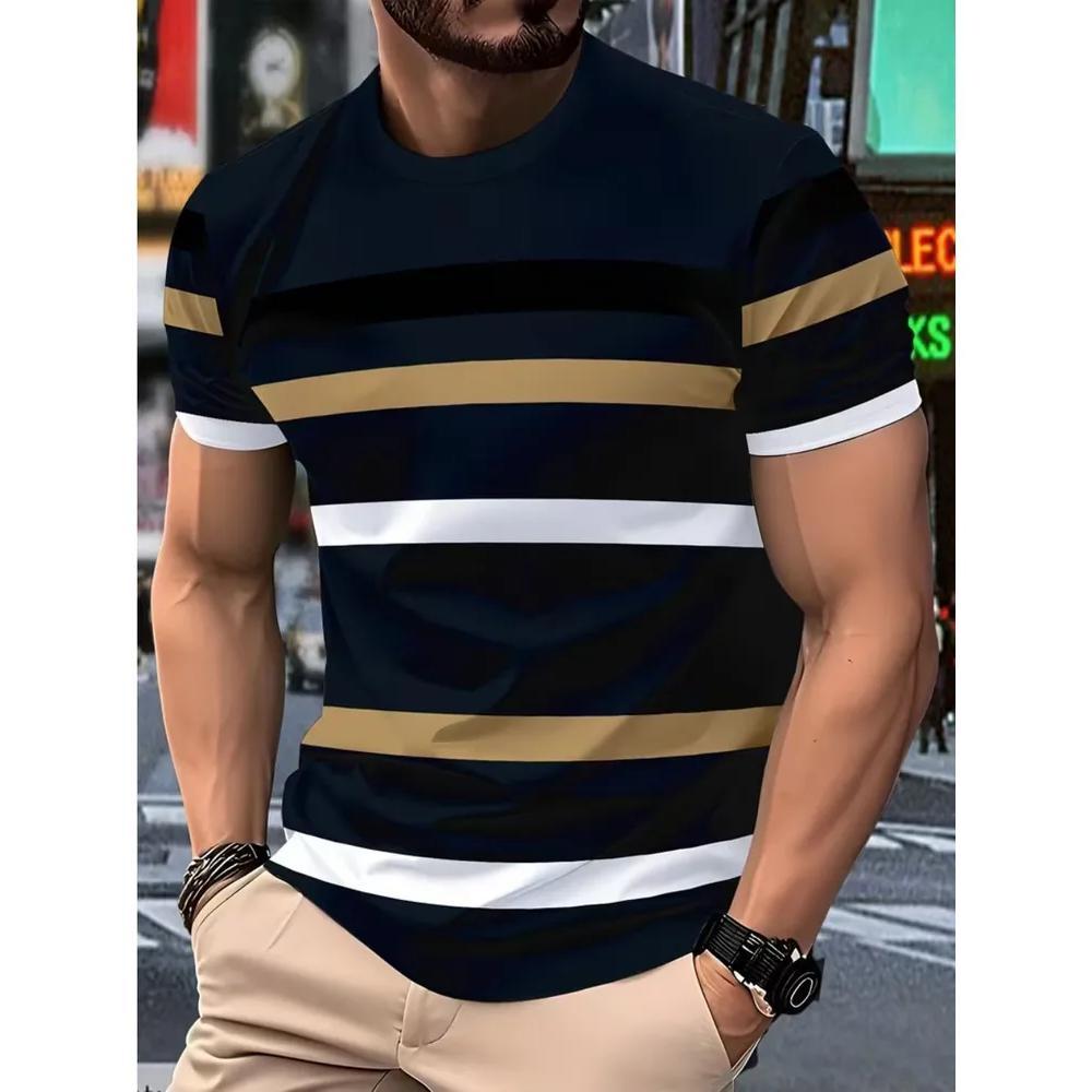 Simple Comfortable Striped Printed Top Fashionable Casual Loose Versatile Short Sleeves T-Shirts Men’s XS