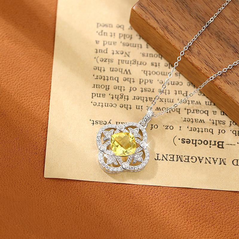 925 Sterling Silver Clover Pendant Necklace for Women, Natural Garnet/Amethyst/Citrine Crystal, Fashion Jewelry