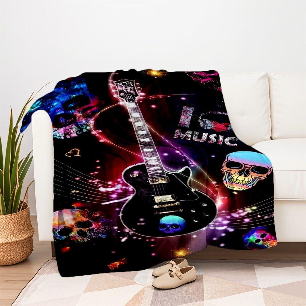 "Electric Guitar with Skulls & Music Notes Art Print Poster"Blanket Flannel Throw Blanket for Sofa, Bed, Travel, Camping, Office