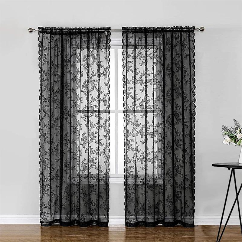 1pc Floral Embroidery Lace Curtain Vintage Flower Tulle Ruffle Sheer Curtain Panel Sweet Romantic Bedroom Window Decor Drapes