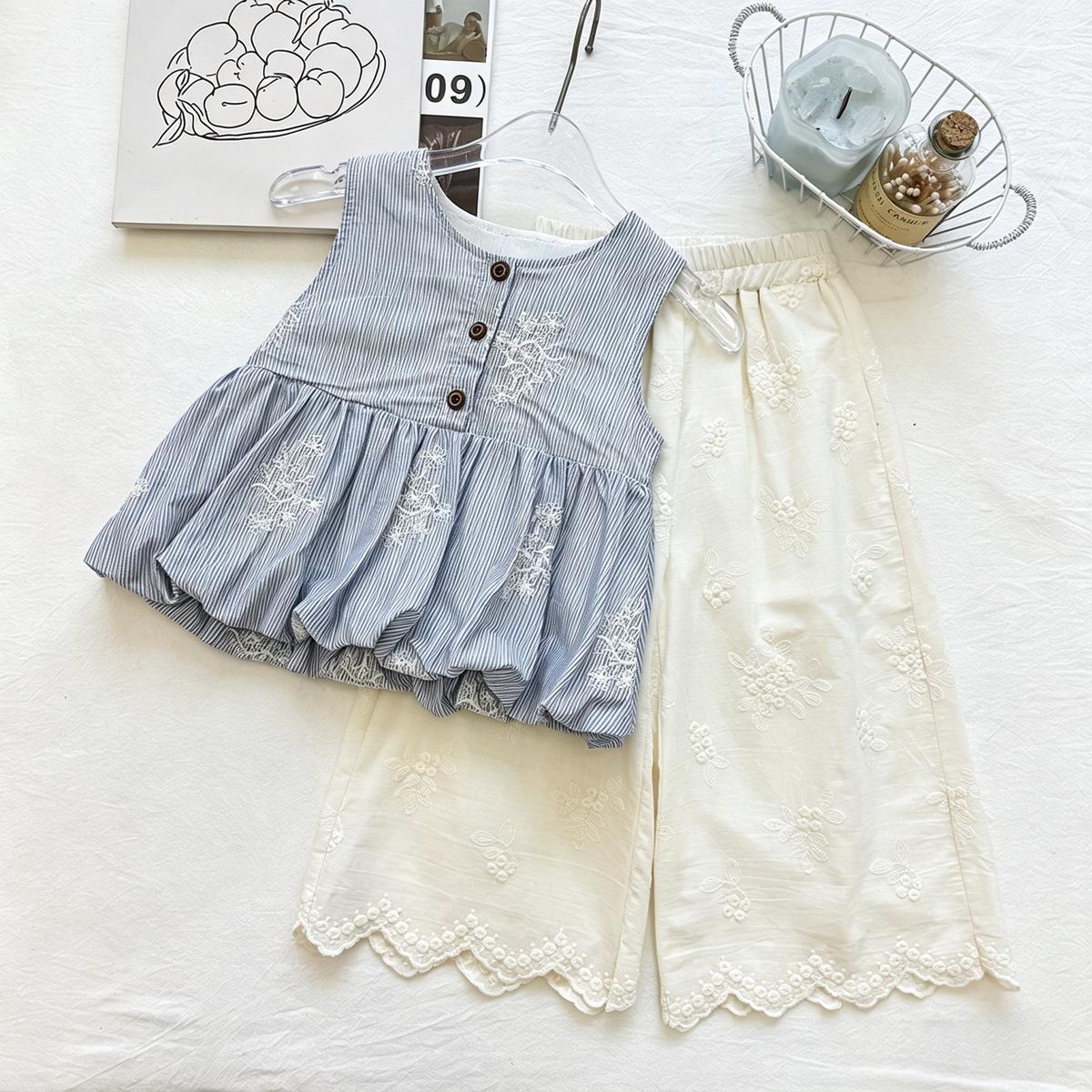 Girls Striped Sleeveless Top & Wide-Leg Pants Set - Summer 2026 Trendy Two-Piece. 100 cm