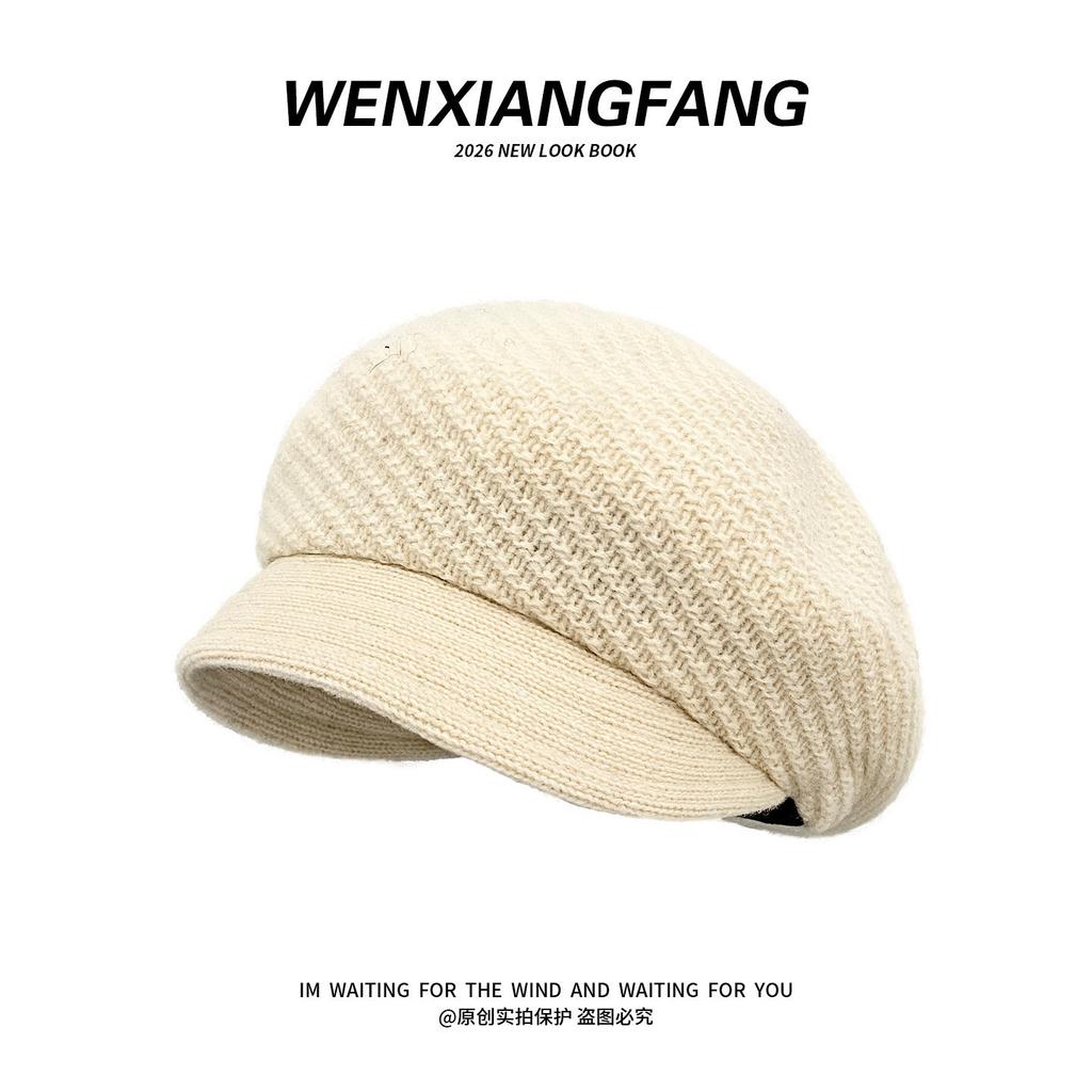 Wool knitted short-brimmed beret women's autumn and winter fashion warm big head circumference pile hat painter newsboy hat